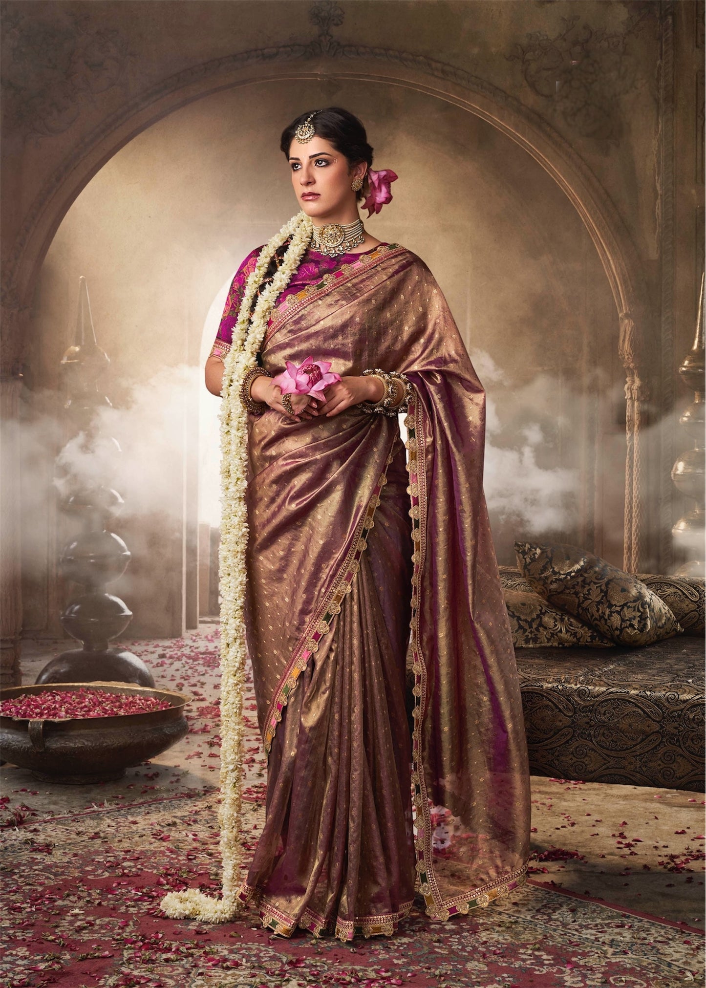 Brown Color Designer Banarasi Tissue Silk Readymade/Easy Saree
