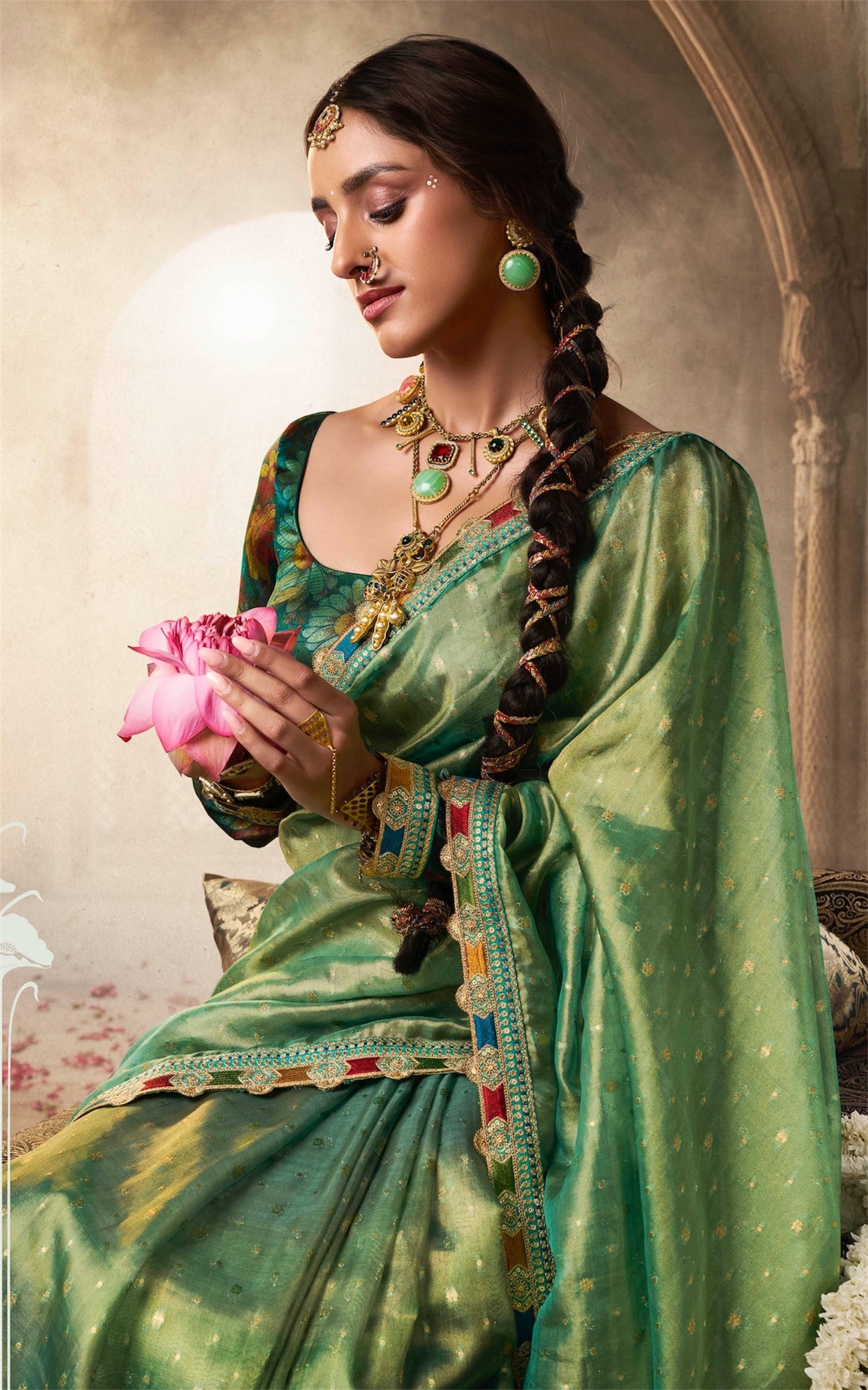 Green Color Designer Banarasi Tissue Silk Readymade/Easy Saree