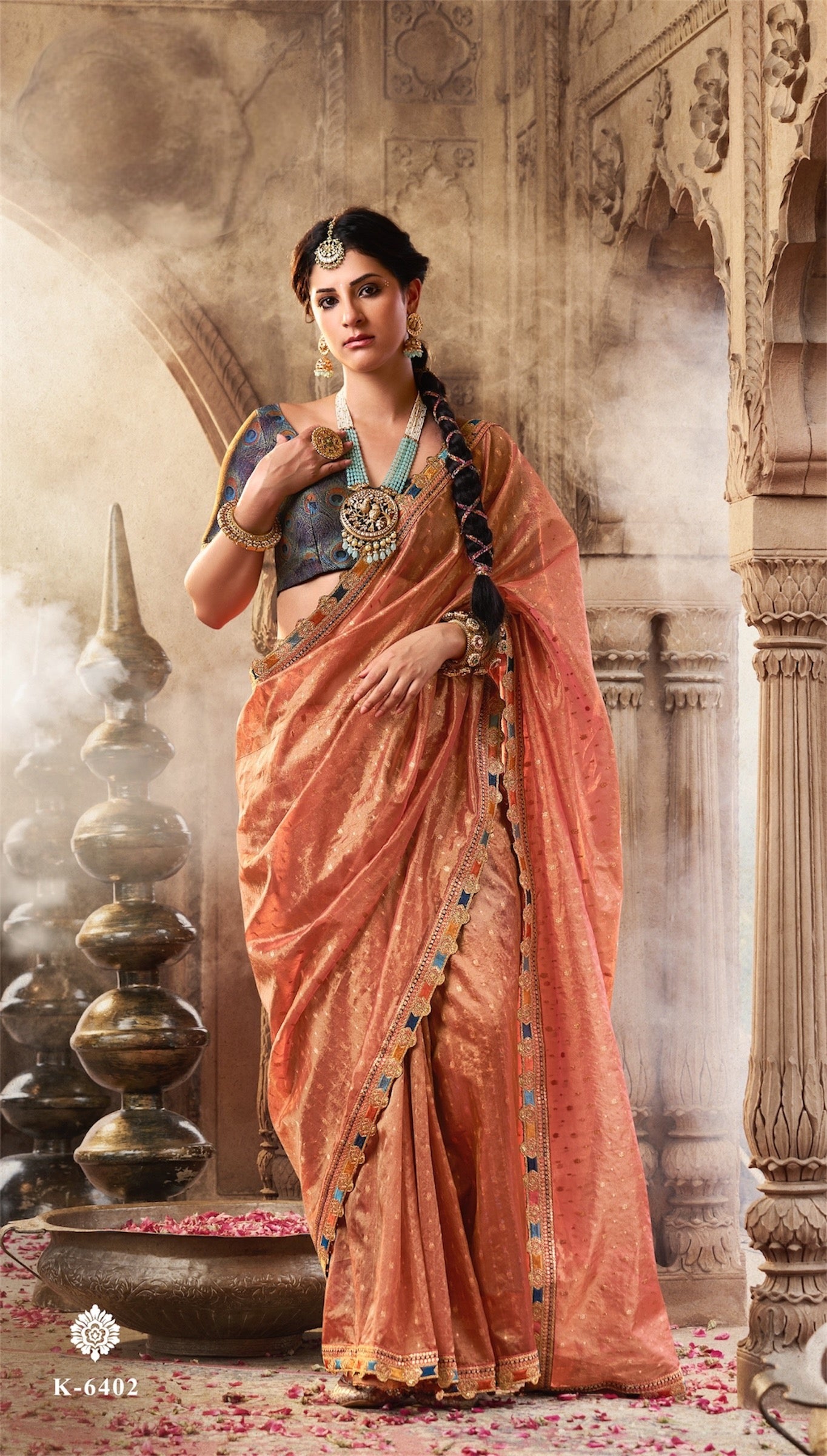 Peach Color Designer Banarasi Tissue Silk Readymade/Easy Saree