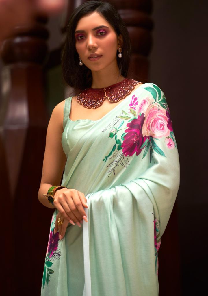 Floral Green Readymade/Easy Saree