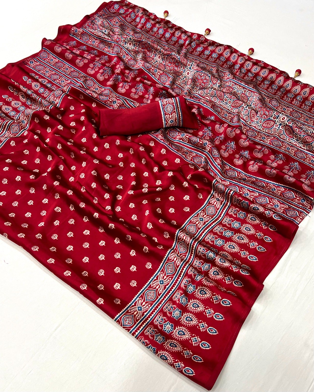 Red Readymade Crepe Silk Saree