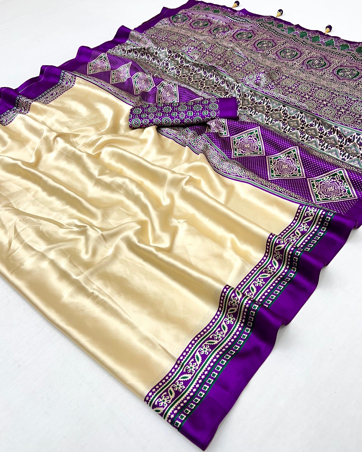 Cream and Purple Crepe Silk Readymade/Easy Saree