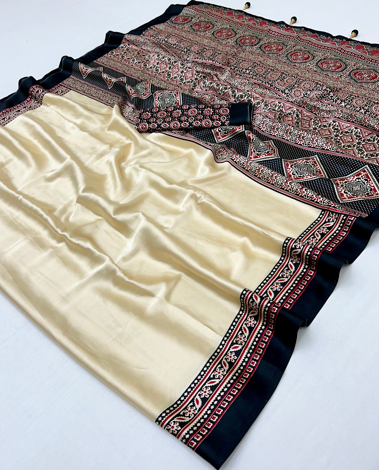 Cream and Black Crepe Silk Readymade/Easy Saree