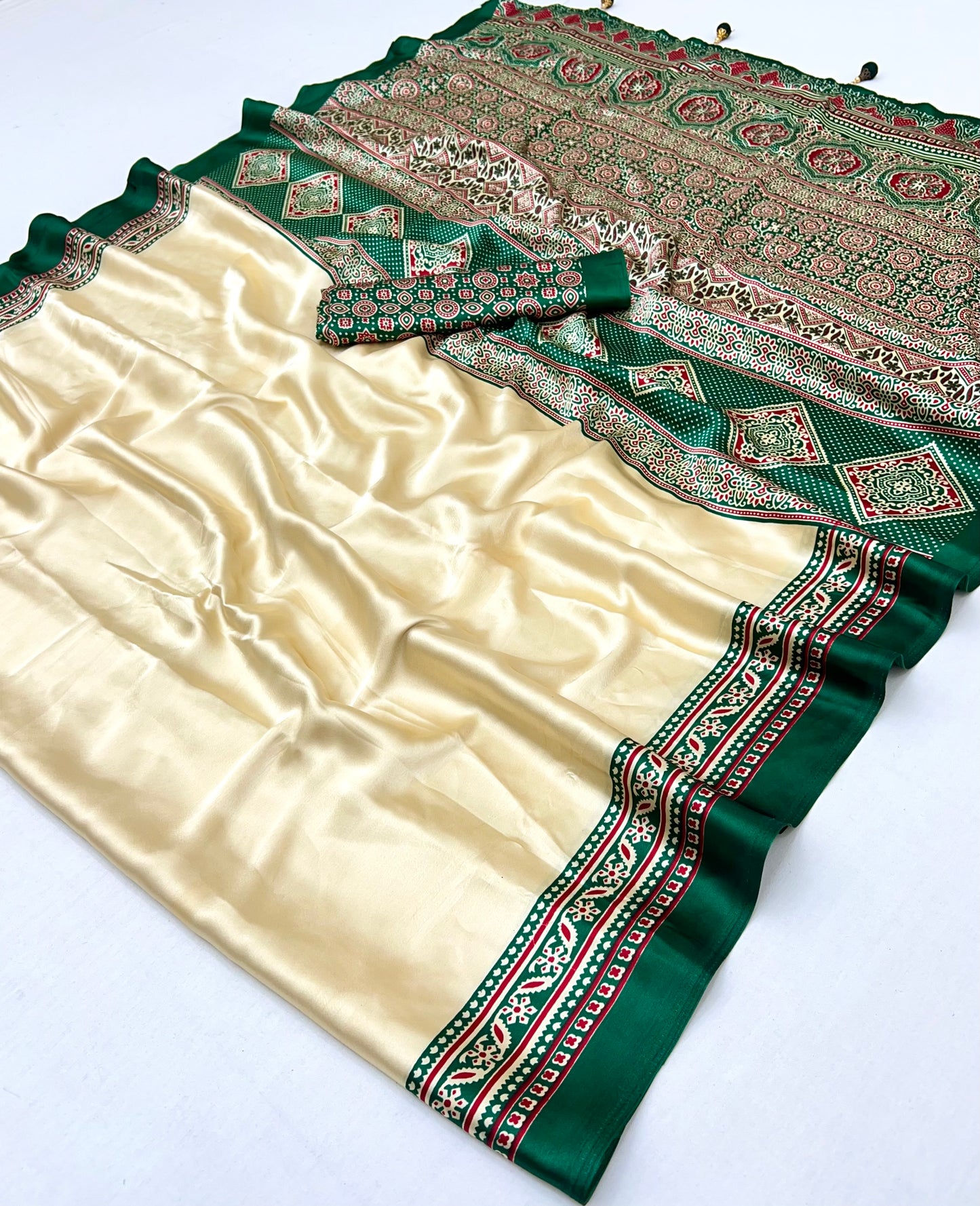 Cream and Green Crepe Silk Readymade/Easy Saree