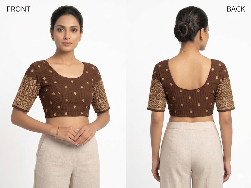 Brown Brocade Sleeve Stretchable Blouse - Panaash Saree