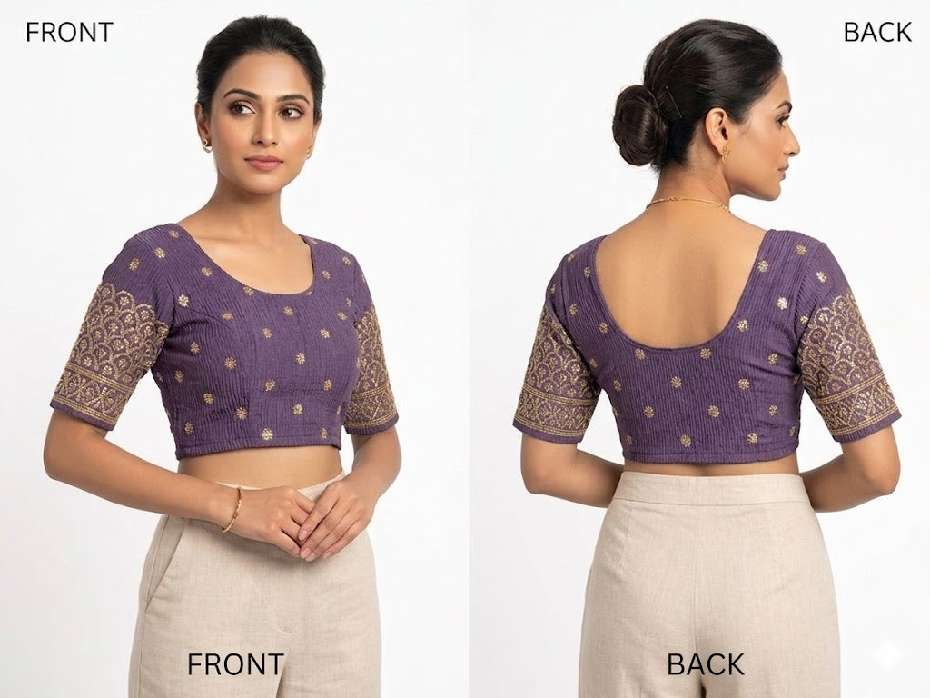 Dusty Lilac Brocade Sleeve Stretchable Blouse - Panaash Saree