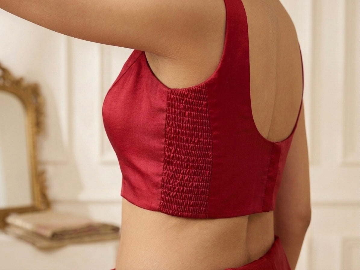 Red Silk Side Elastic Readymade Blouse