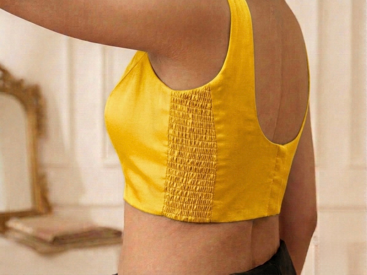 Yellow Silk Side Elastic Readymade Blouse