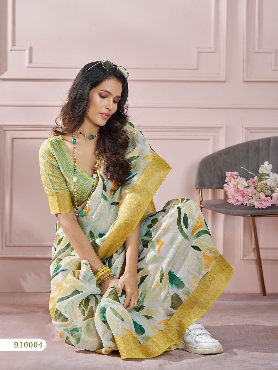 Light Green Color Printed Silk Readymade/Easy Saree - Panaash Saree