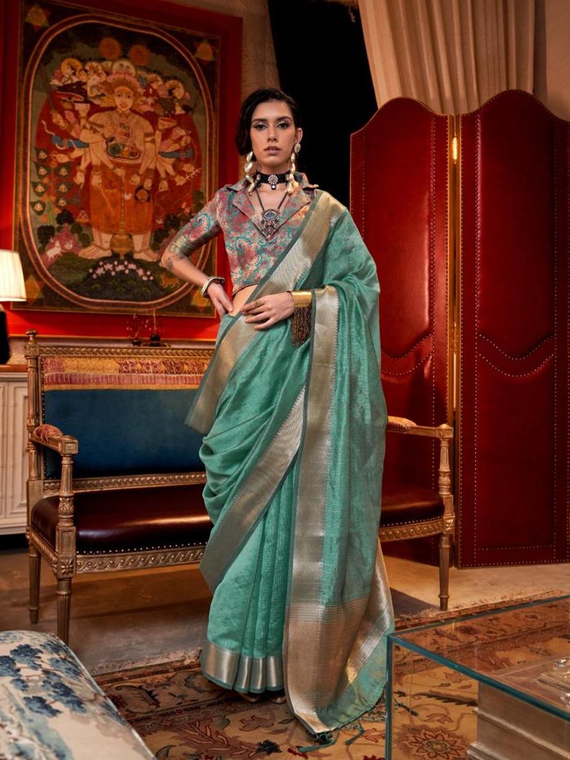 Jade Green Color Silk Readymade/Easy Saree With Fancy Unstitched Blouse