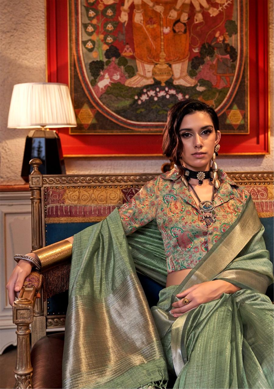 Sea Mist Color Silk Readymade/Easy Saree With Fancy Unstitched Blouse - Panaash Saree