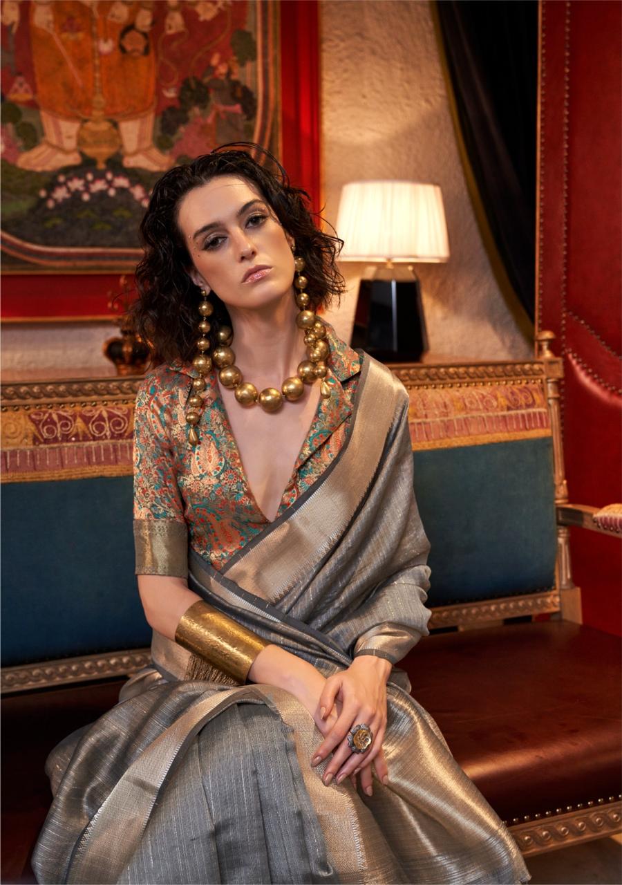 Slate Grey Color Silk Readymade/Easy Saree With Fancy Blouse