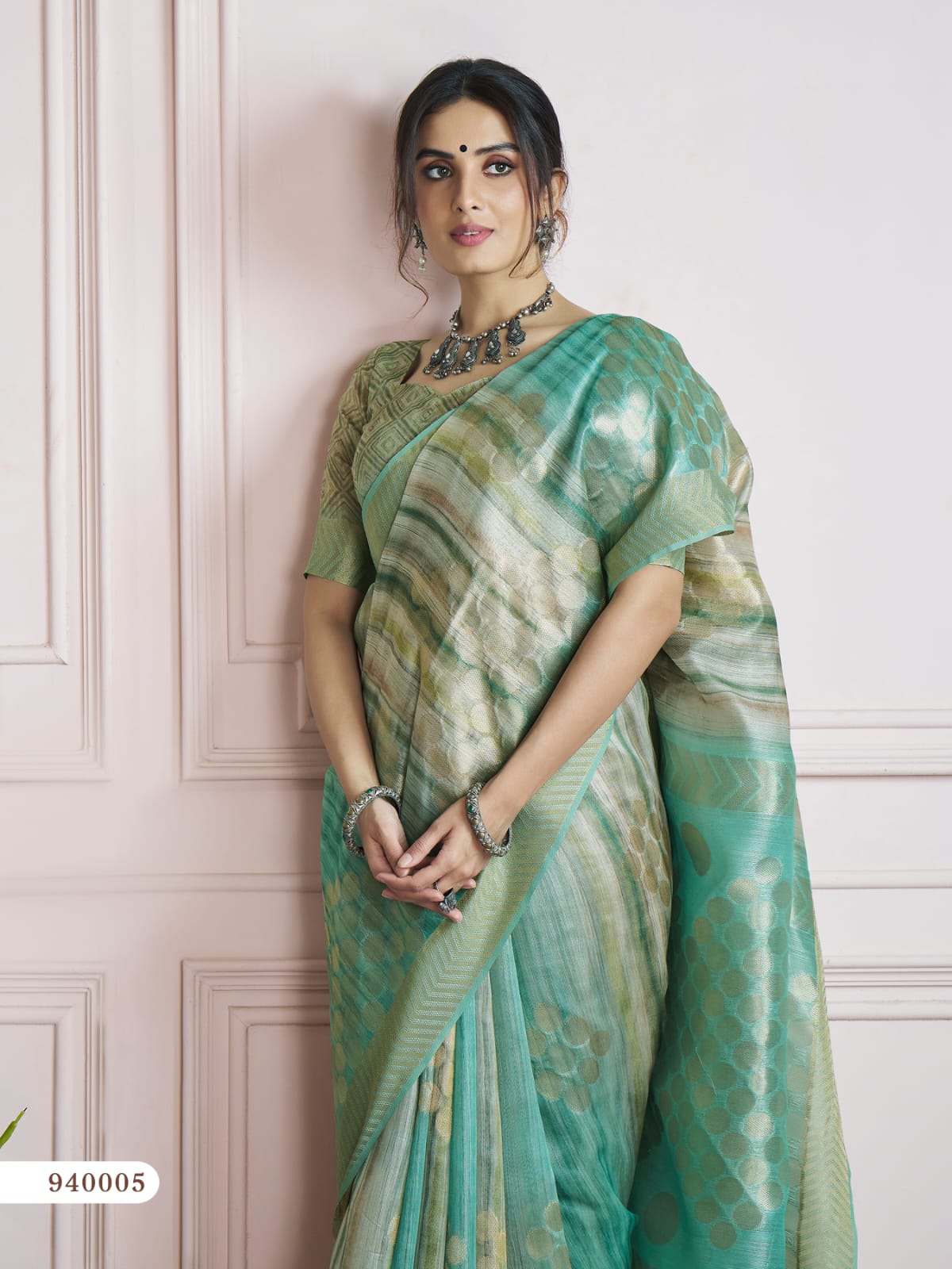 Green Color Printed Silk Readymade/Easy Saree