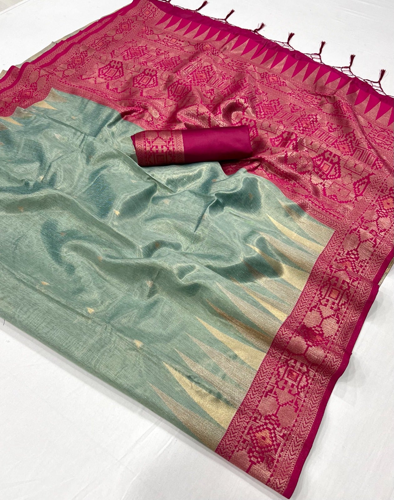 Green Color Zari Woven Tissue Silk Readymade/Easy Saree
