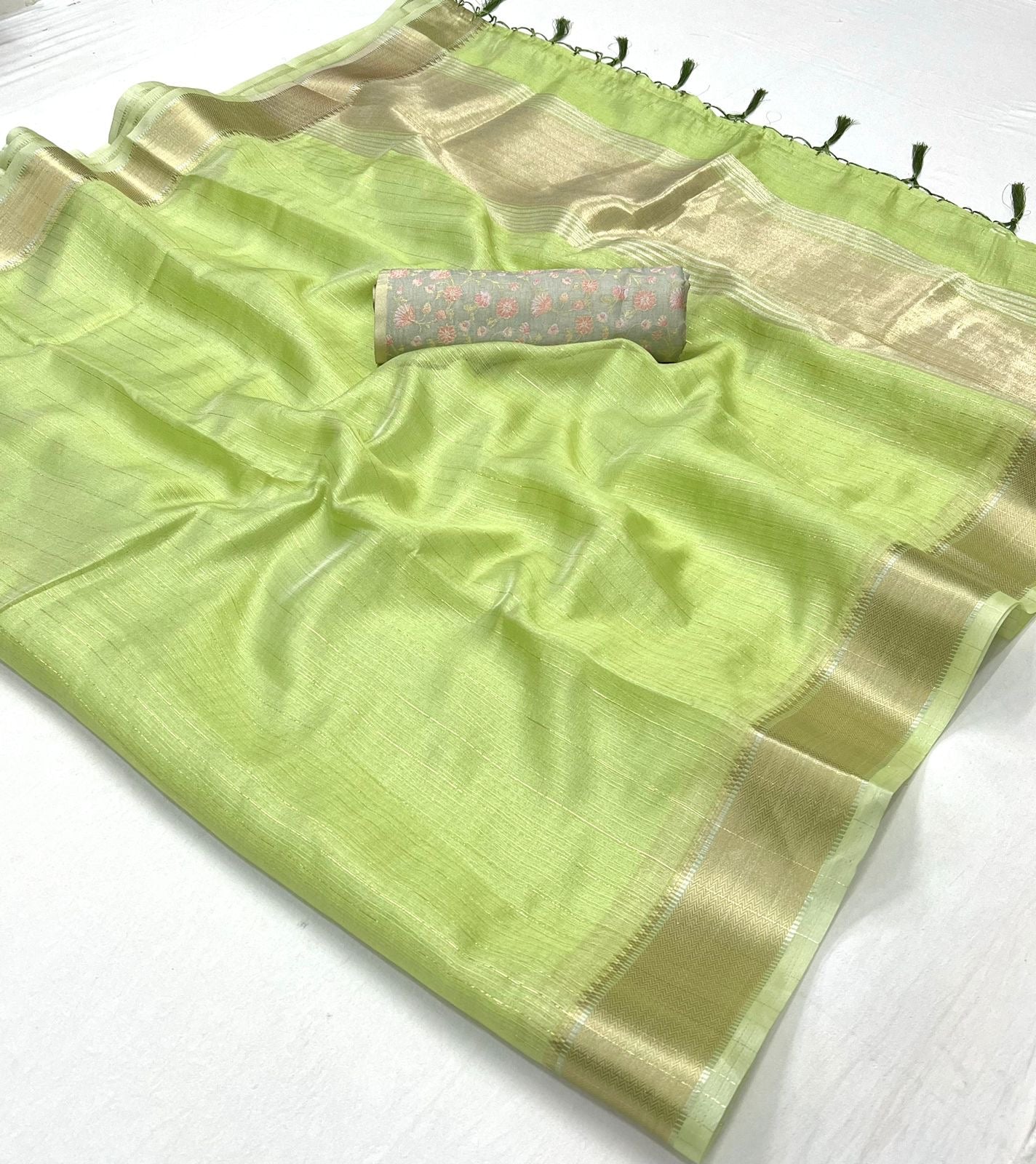 Pista Color Silk Readymade/Easy Saree With Fancy Unstitched Blouse