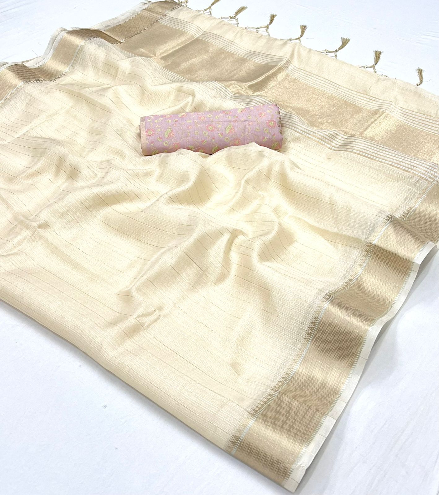 Off White Color Silk Readymade/Easy Saree With Fancy Unstitched Blouse