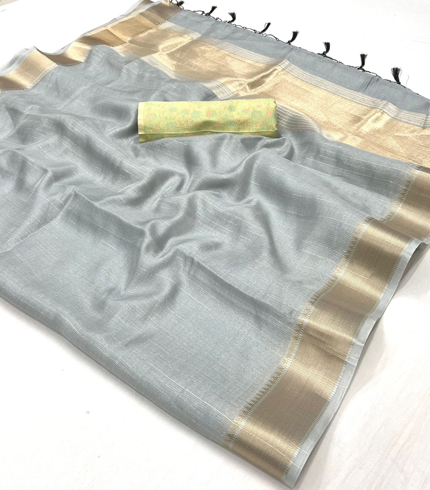 Grey Color Silk Readymade/Easy Saree With Fancy Unstitched Blouse
