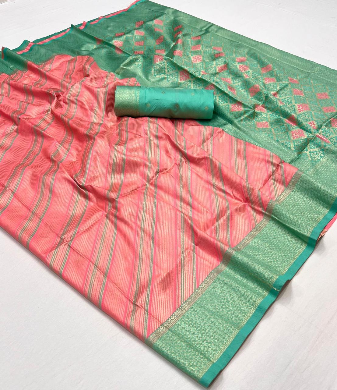 Peach Soft Kanjivaram Silk Readymade/Easy Saree