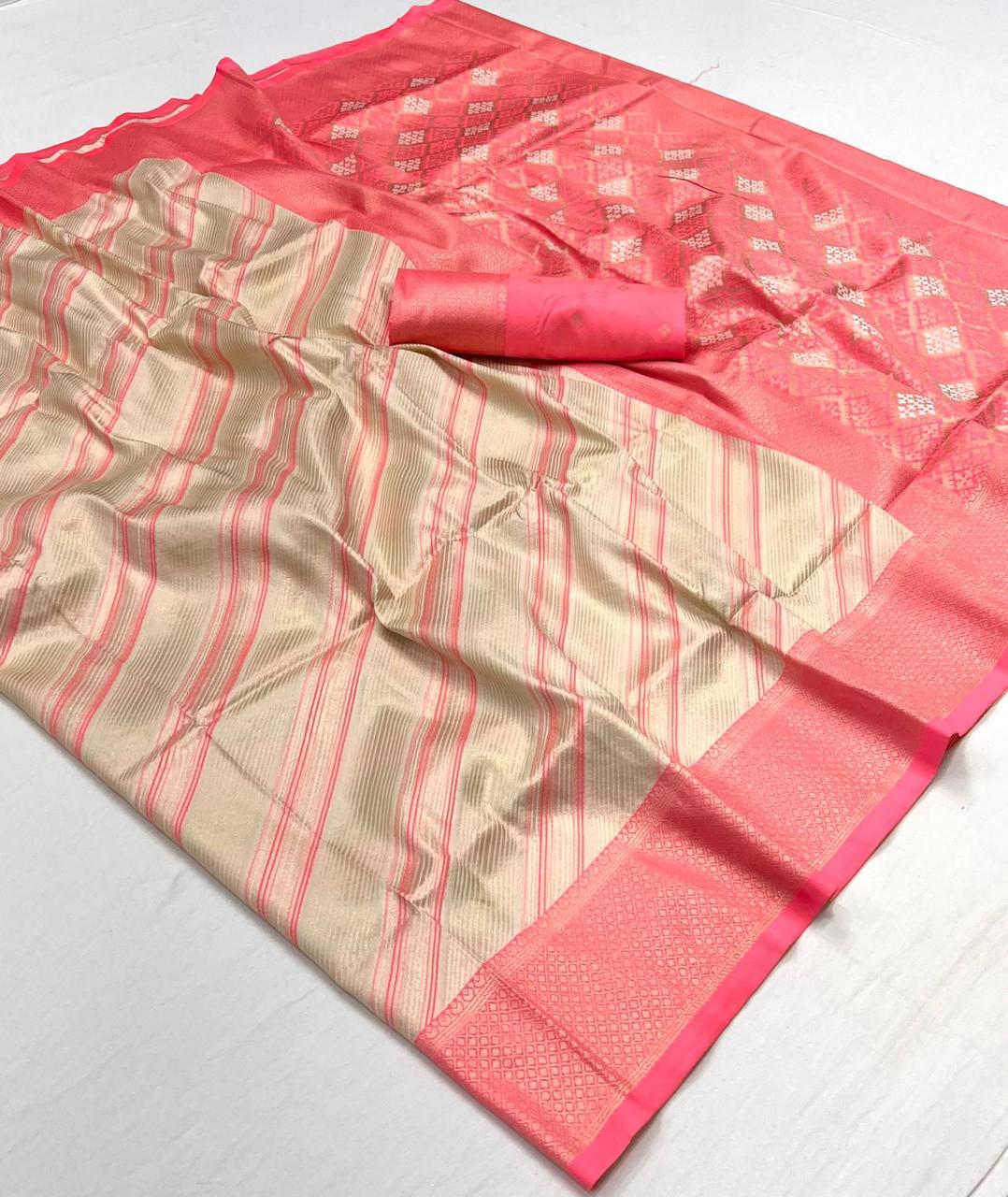 Peach Stripe Kanjivaram Silk Readymade/Easy Saree