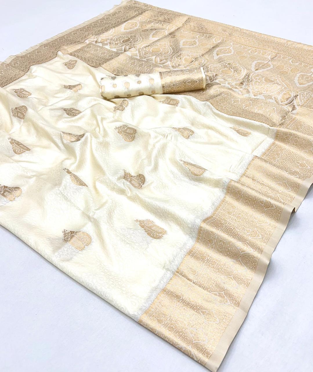 Off White Kanjivaram Silk Readymade/Easy Saree