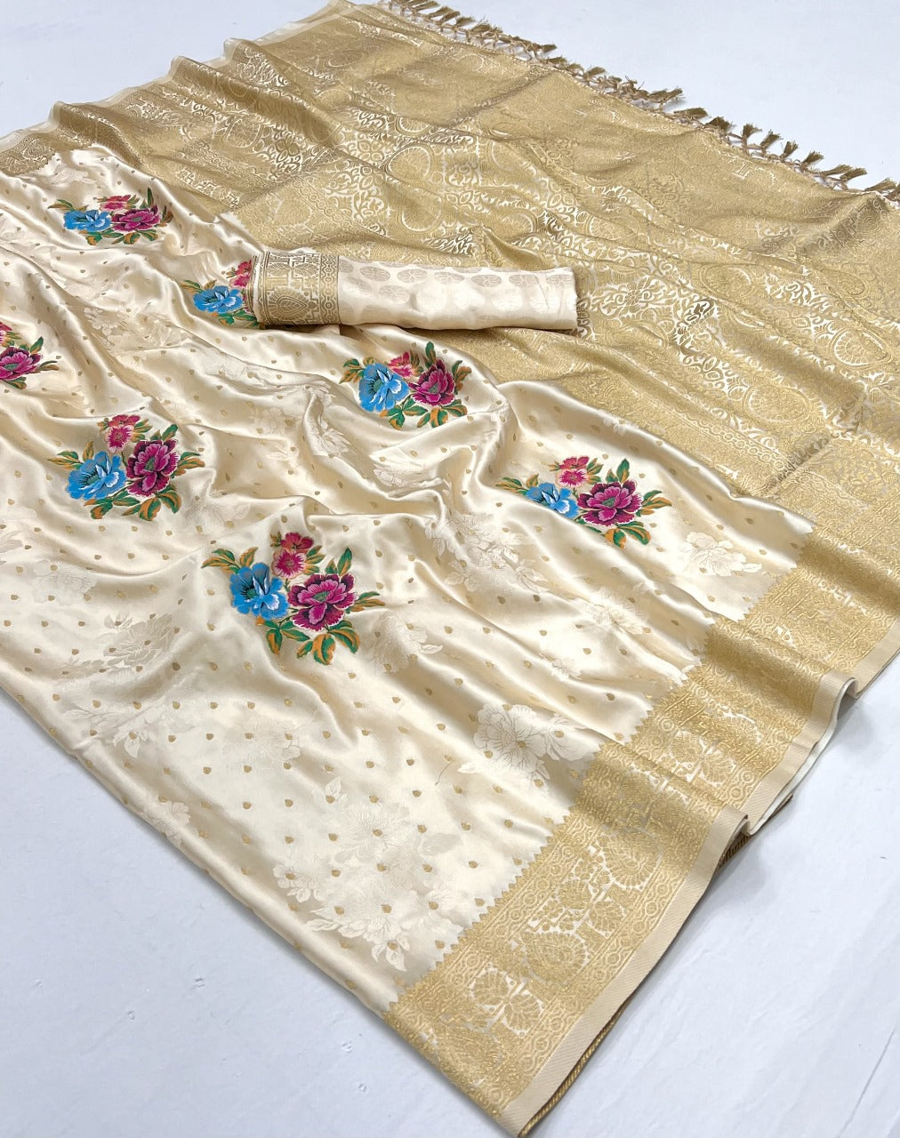 Cream Color Satin Silk Readymade/Easy Saree