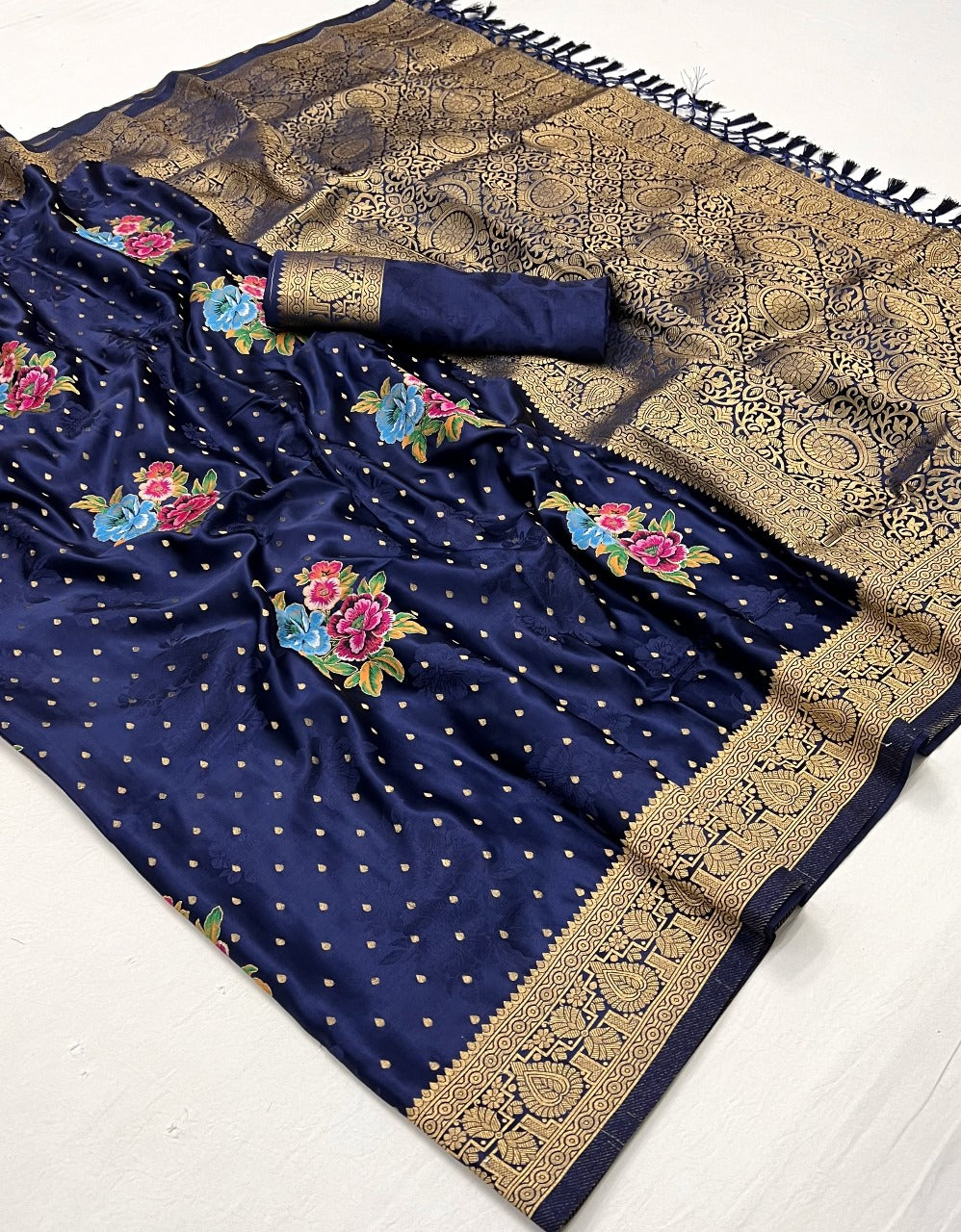 Navy Blue Color Satin Silk Readymade/Easy Saree