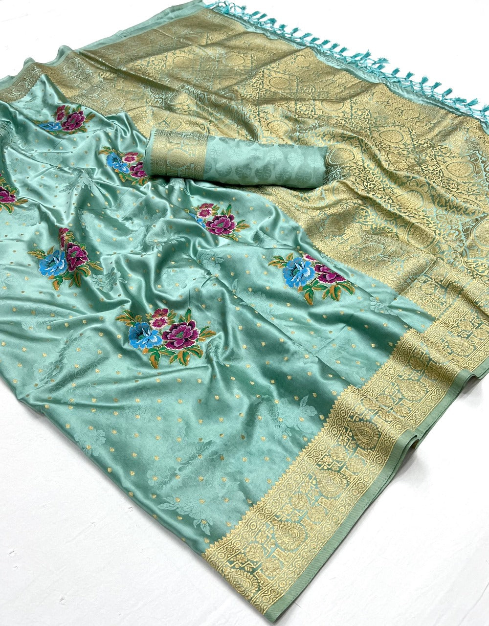 Light Green Color Satin Silk Readymade/Easy Saree