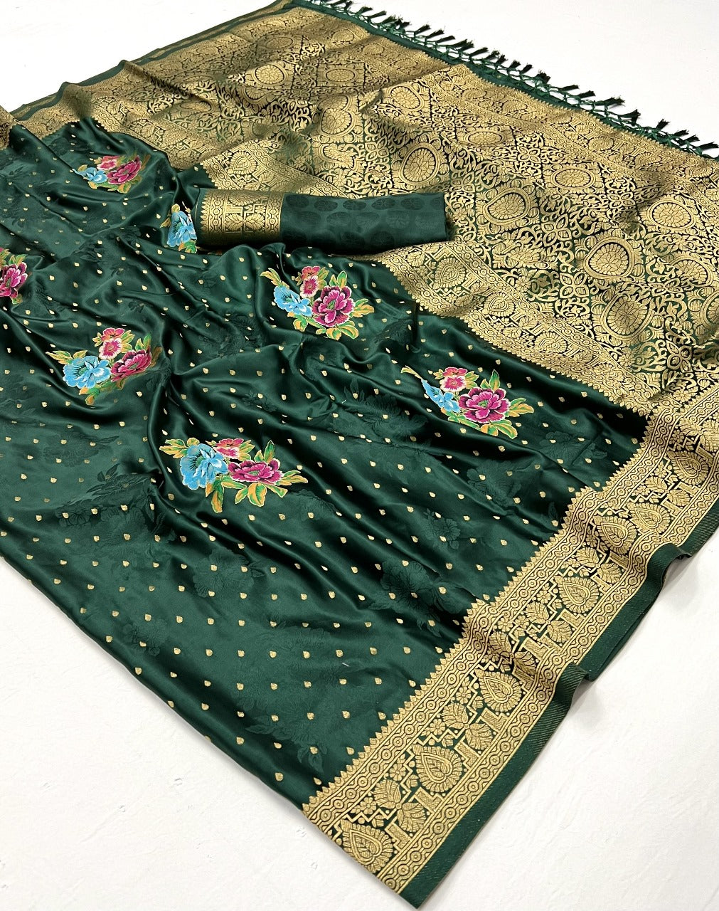 Bottle Green Color Satin Silk Readymade/Easy Saree