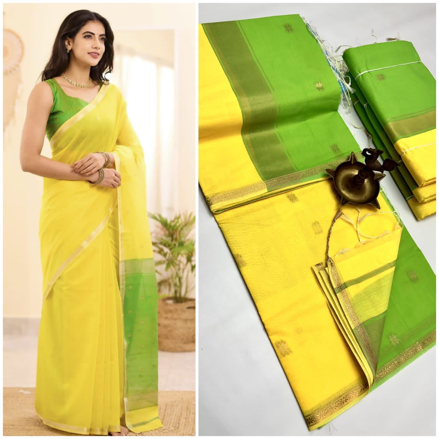 Lemon Yellow Mul Cotton Easy/Readymade Saree