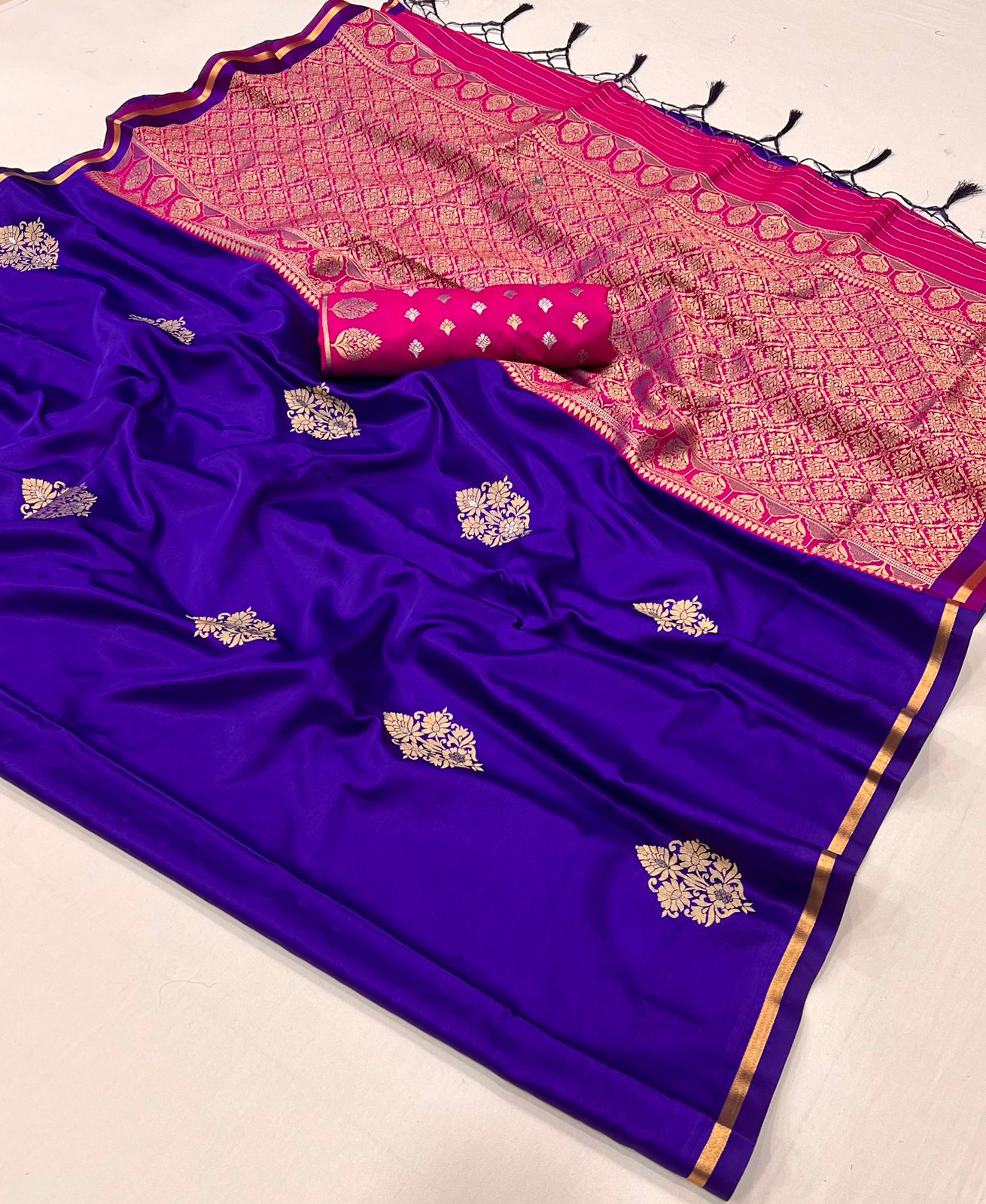 Indigo Blue Color Satin Silk Readymade/Easy Saree