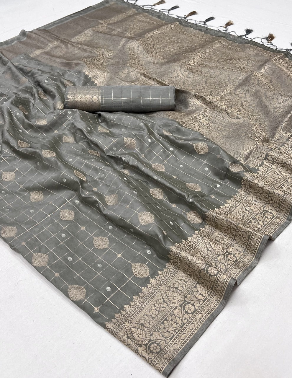 Grey Color Kataan Silk Readymade/Easy Saree