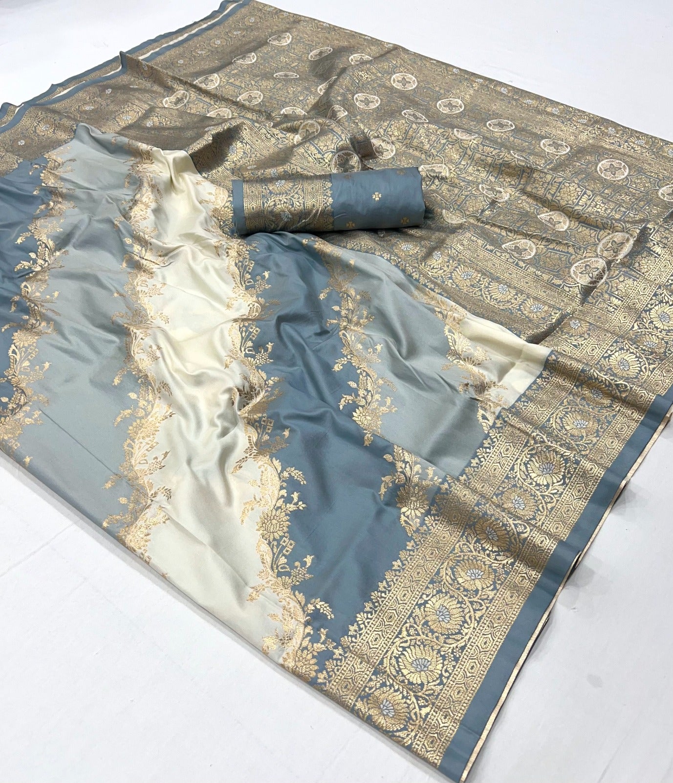 Grey Color Banarasi Silk Readymade/Easy Saree