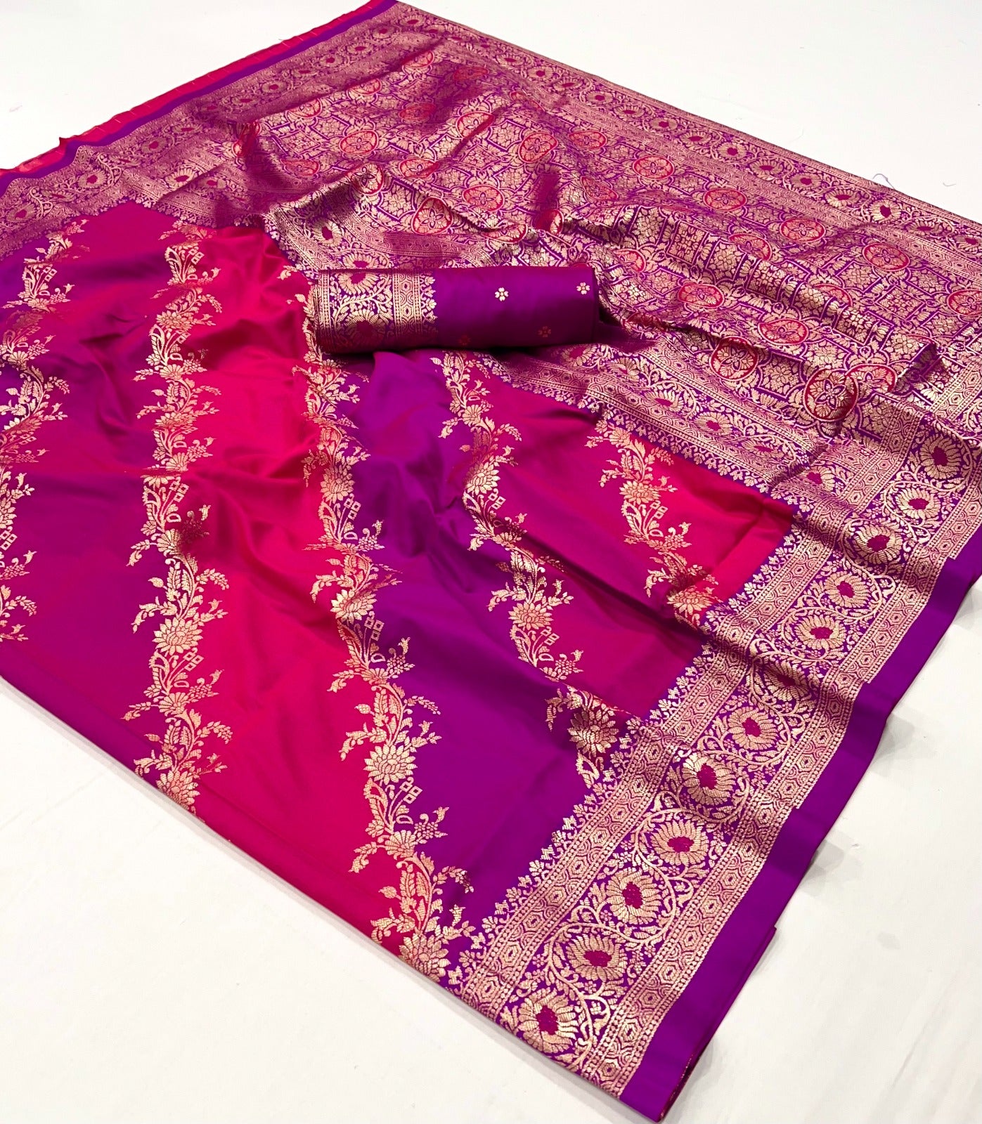 Pink & Purple Color Banarasi Silk Readymade/Easy Saree