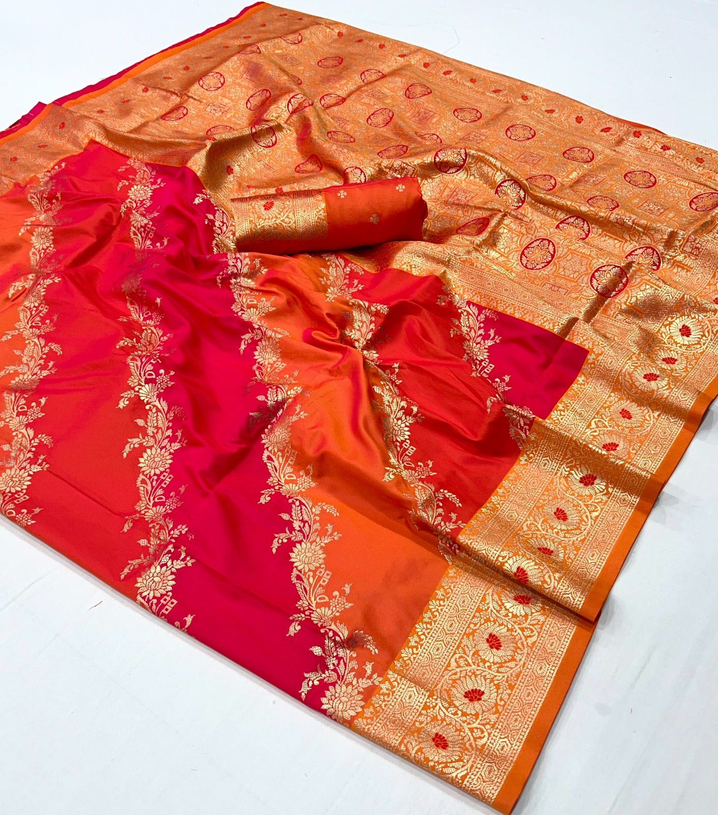 Orange Pink Banarasi Silk Readymade/Easy Saree - Panaash Saree
