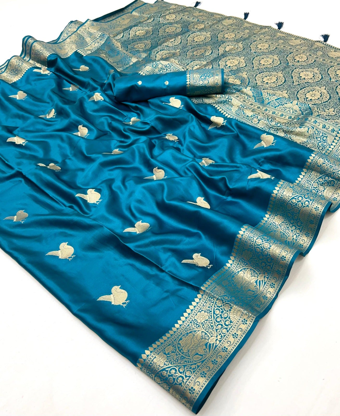 Turquoise Color Satin Silk Readymade/Easy Saree