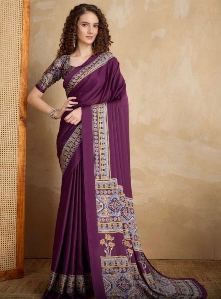 Plain Magenta Readymade Ajrakh Saree