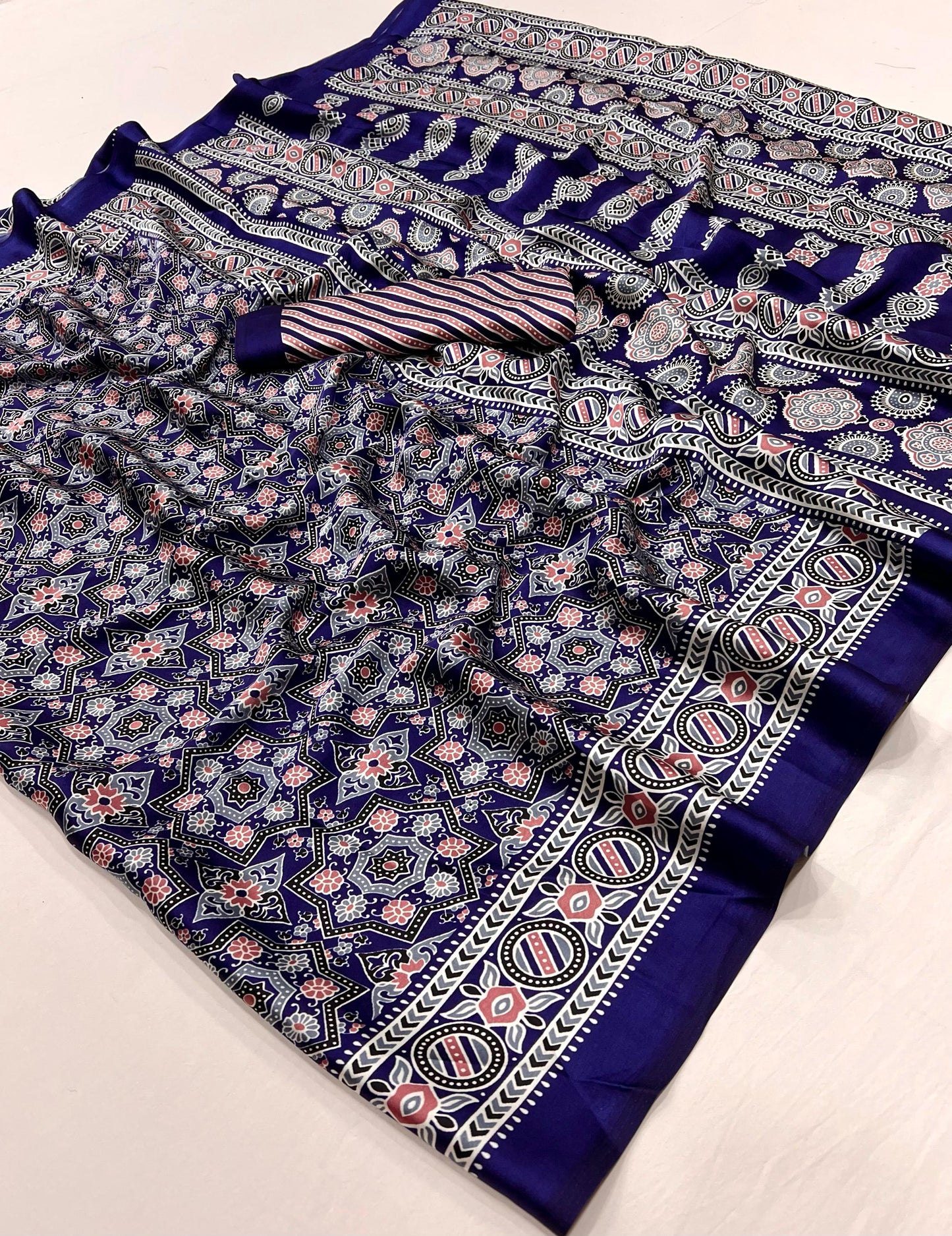 Blue Crepe Calm – Readymade Ajrakh Saree