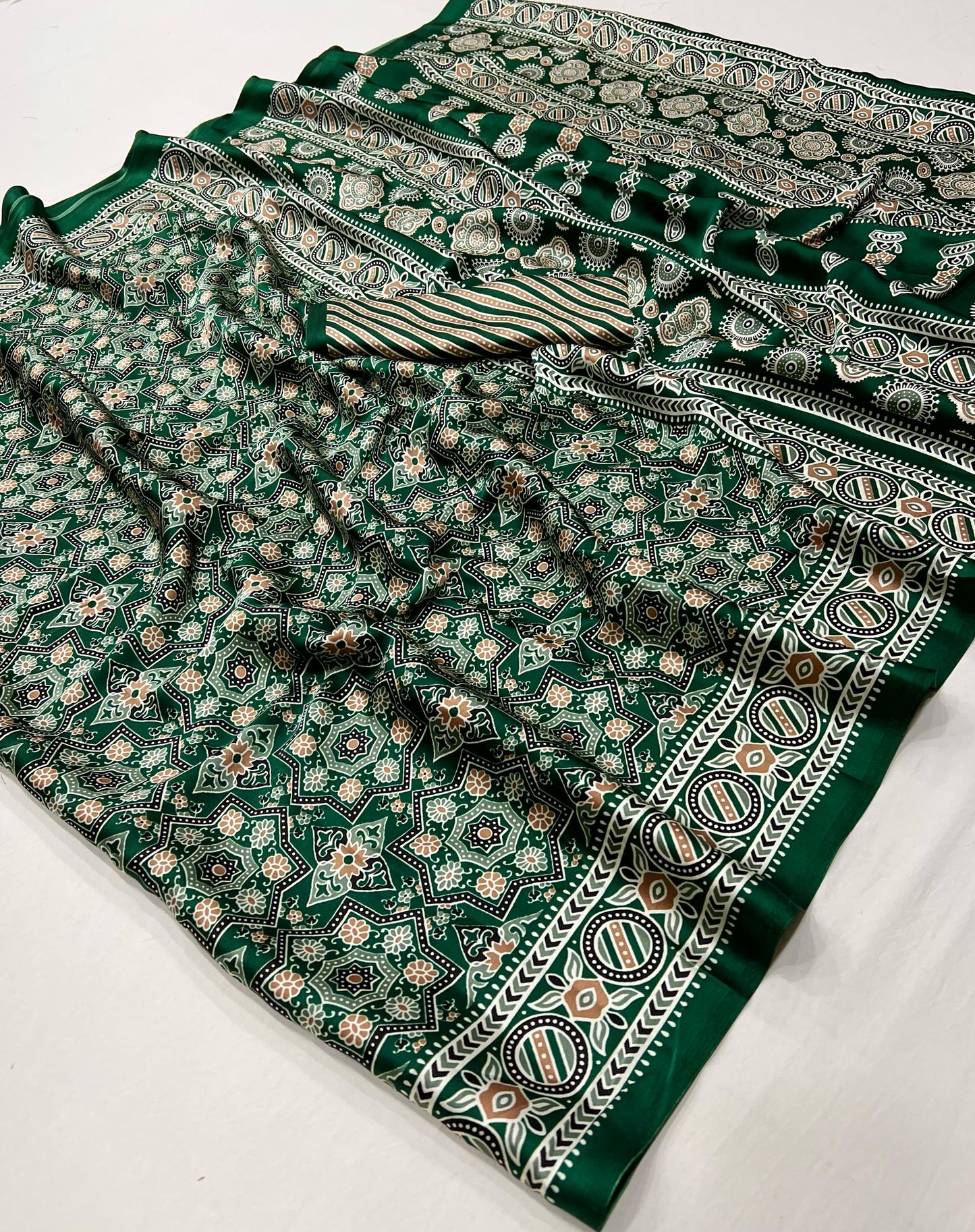 Green Crepe Calm – Readymade Ajrakh Saree
