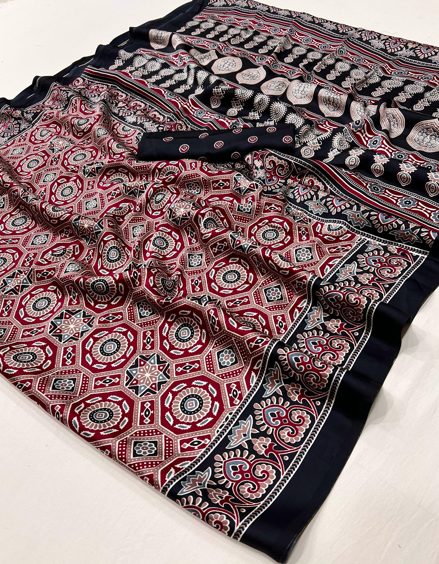 Black Crepe Calm – Readymade Ajrakh Saree - Panaash Saree