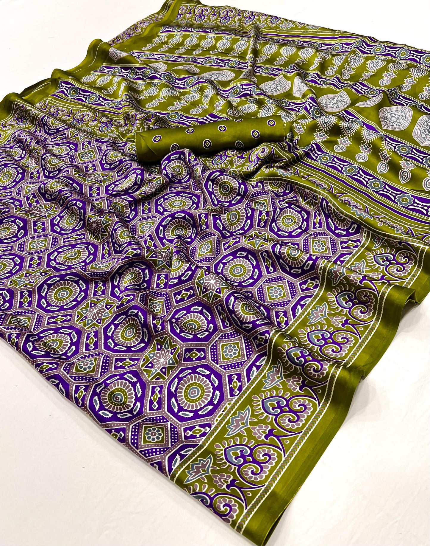 Purple & Green Crepe Calm – Readymade Ajrakh Saree