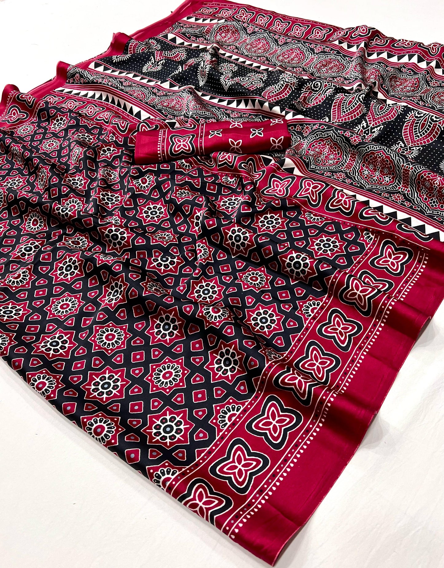 Maroon Crepe Calm – Readymade Ajrakh Saree