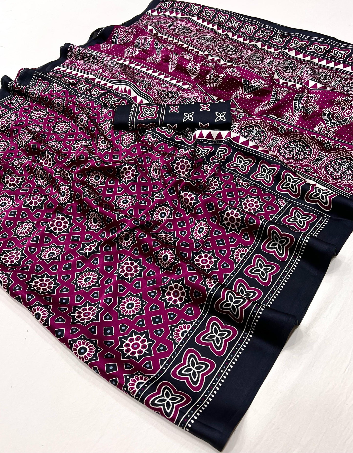 Purple & Black Crepe Calm – Readymade Ajrakh Saree
