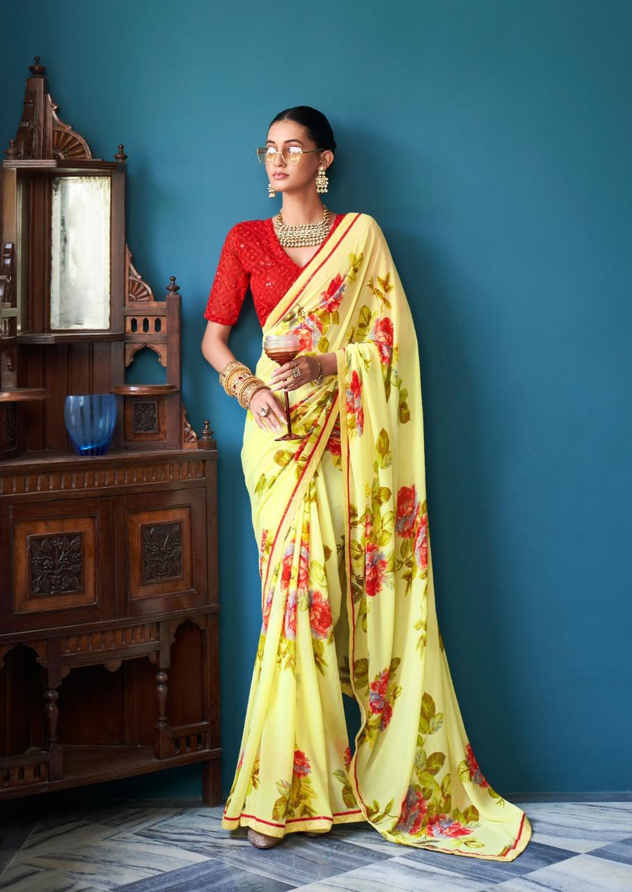 Yellow Floral Georgette Readymade/Easy Saree