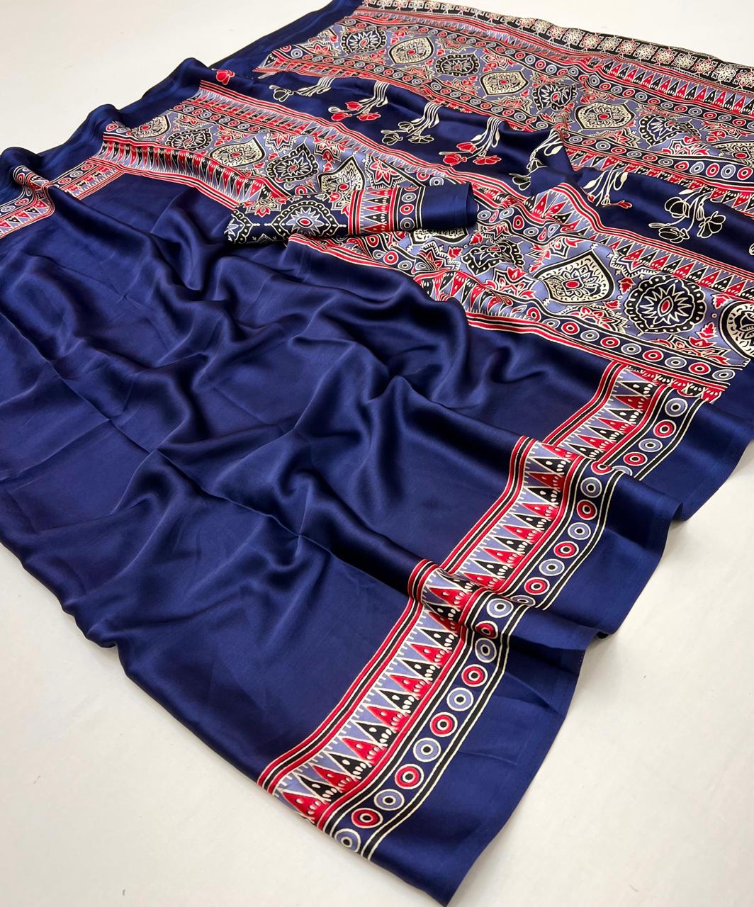 Plain Blue Readymade Ajrakh Saree