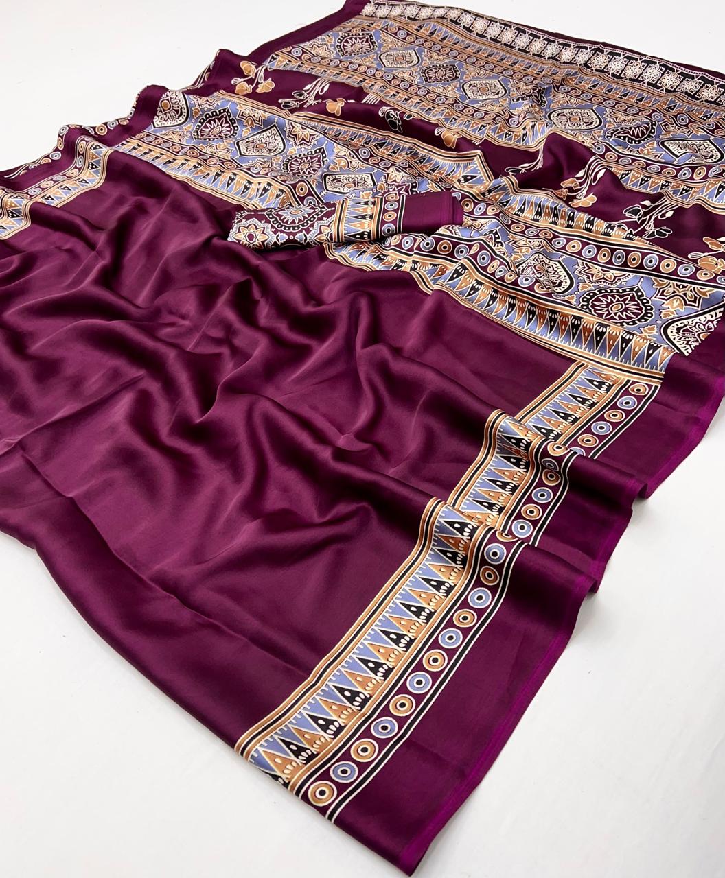 Plain Magenta Readymade Ajrakh Saree
