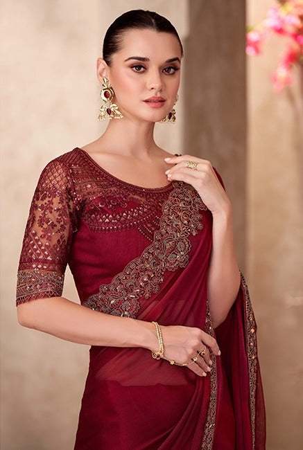 Maroon Cocktail Party Wear Readymade Saree