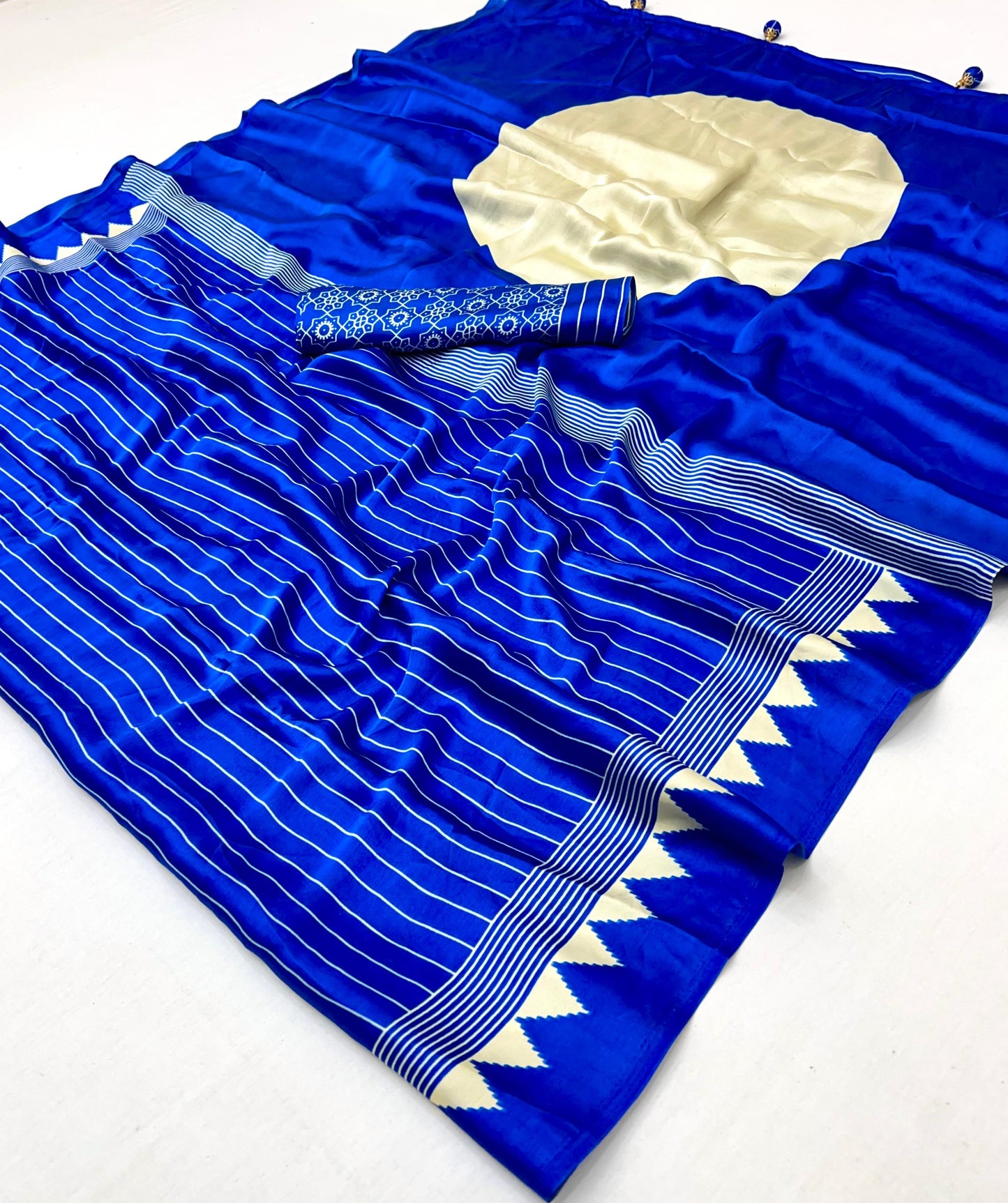 Blue & White Crepe Silk Readymade Saree