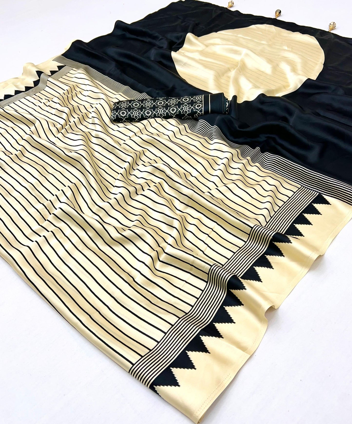 Off-White & Black Crepe Silk Readymade Saree