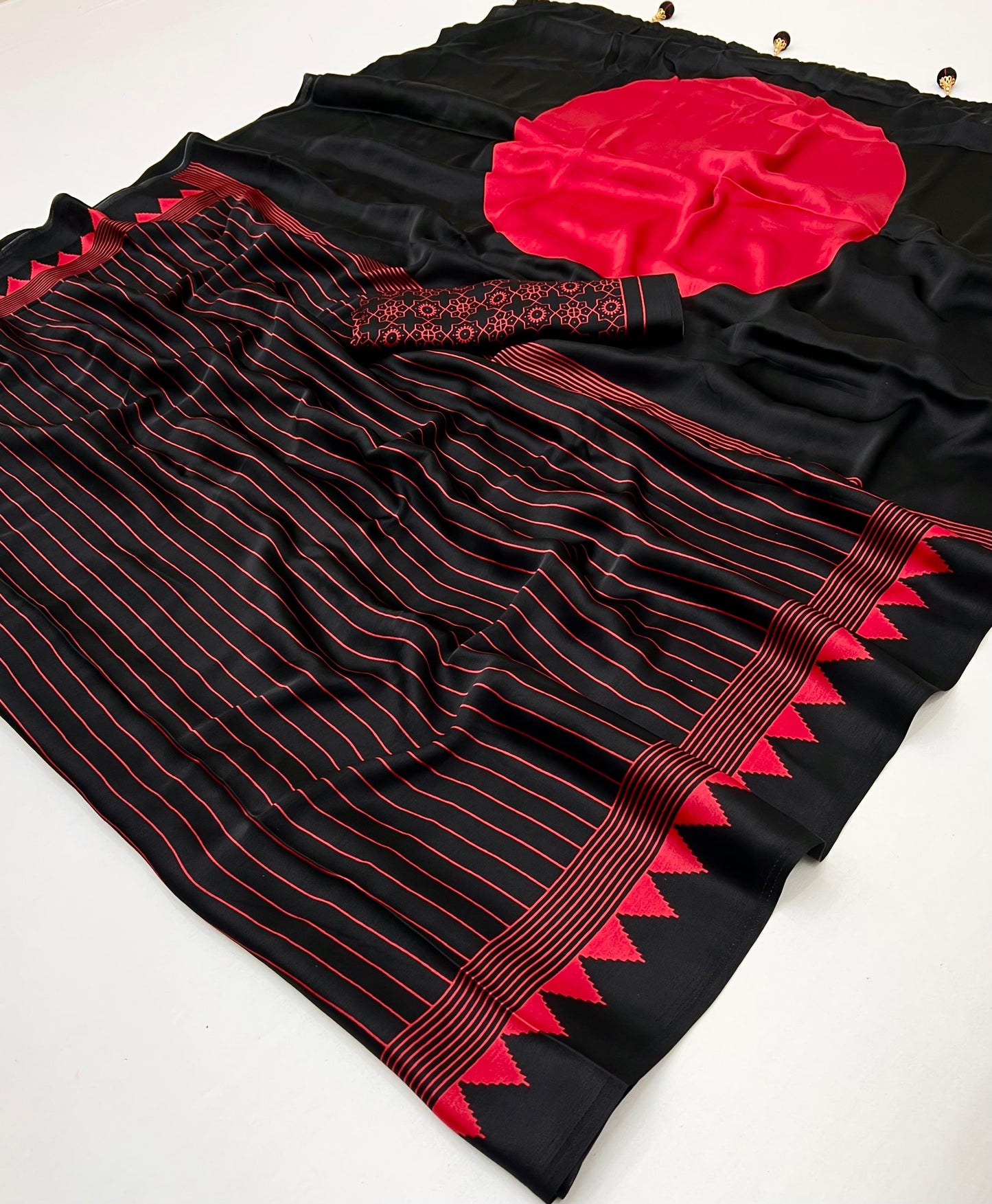 Black & Red Crepe Silk Readymade Saree