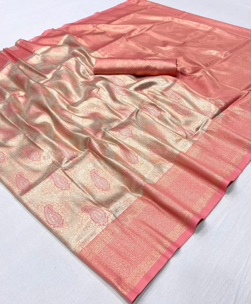 Peach Kanjivaram Silk Readymade/Easy Saree